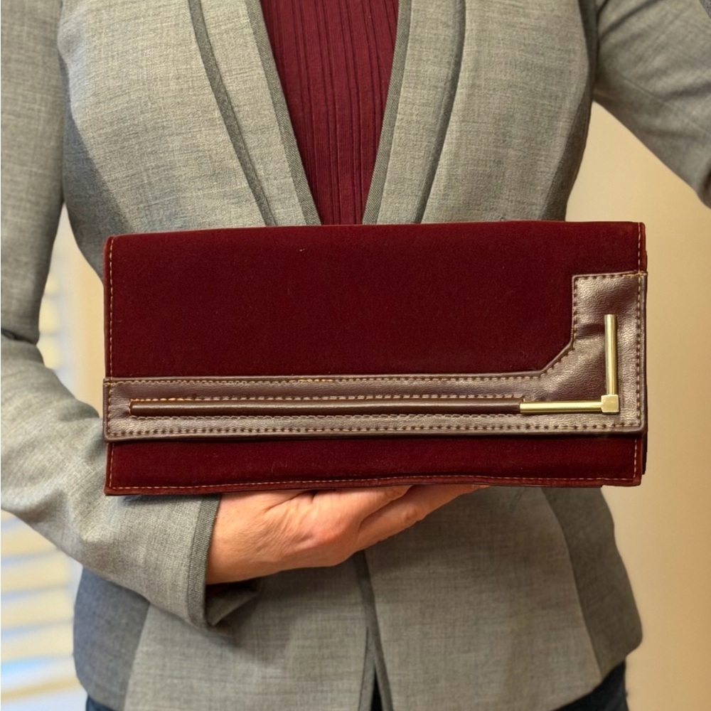 Vintage 1970s Archival Burgundy Velvet and Leather-Look Geometric Clutch